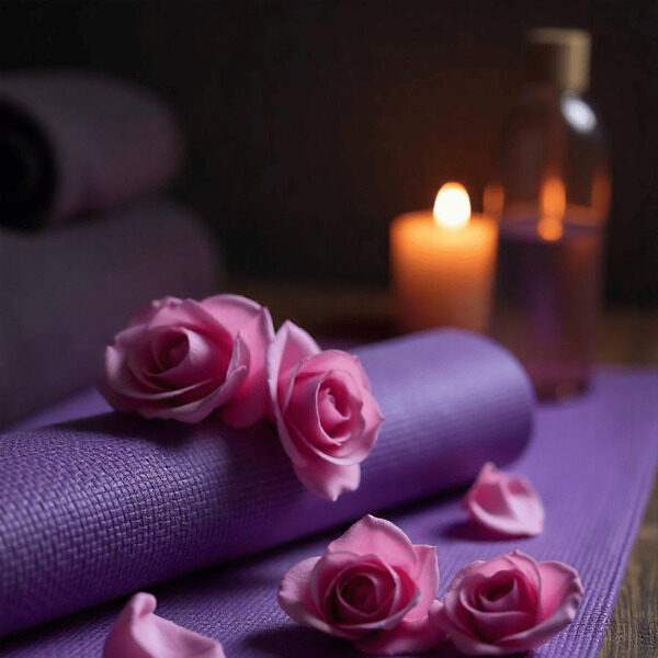 un tappetino da yoga arrotolato su cui sono poggiate delle rose, sullo sfondo si scorgono una candela e una bottiglia d'olio da massaggio